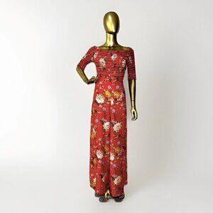 Farm Rio Anthropologie Paraiso Off-The-Shoulder Wide Leg Jumpsuit Coral ~ Medium